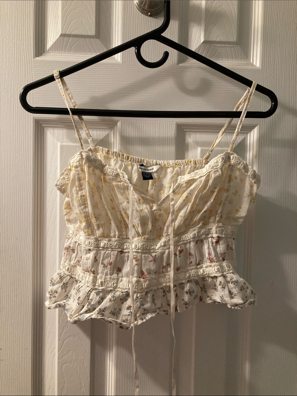 American Eagle Outfitters Cream Floral Ruffle Tie-Front Cami